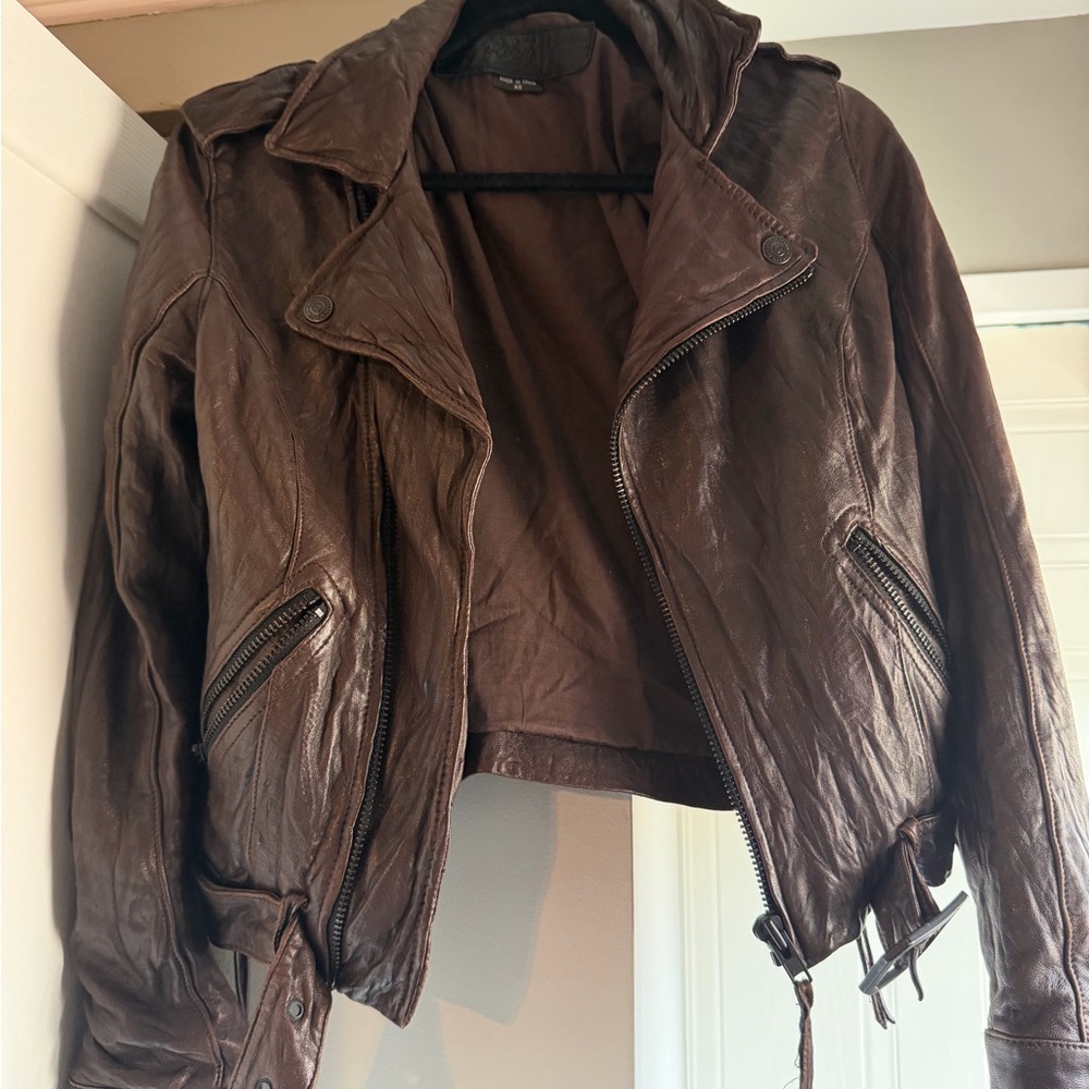 True Religion Brown Leather Moto Jacket with Zip Pockets